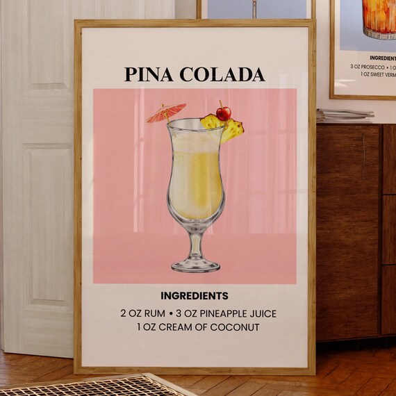 Pina Colada Cocktail Recipe Tropical Summer Kitchen Bar Poster