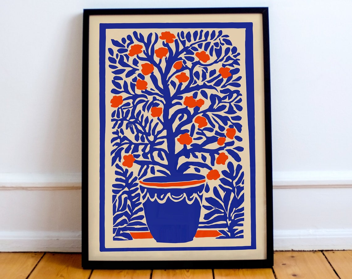 Indigo Blue Botanical Tree Orange Blossoms Matisse Style Poster