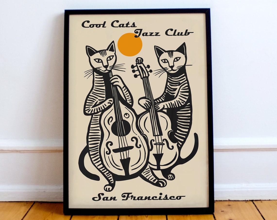 Cool Cats Jazz Club San Francisco Double Bass Cats Line Art Poster