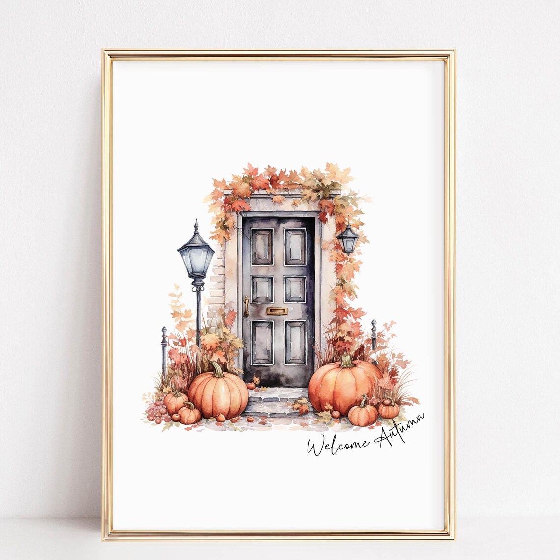 Welcome Autumn Watercolor Front Door Pumpkins Fall Scene Poster