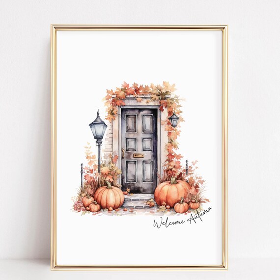 Welcome Autumn Watercolor Front Door Pumpkins Fall Scene Poster