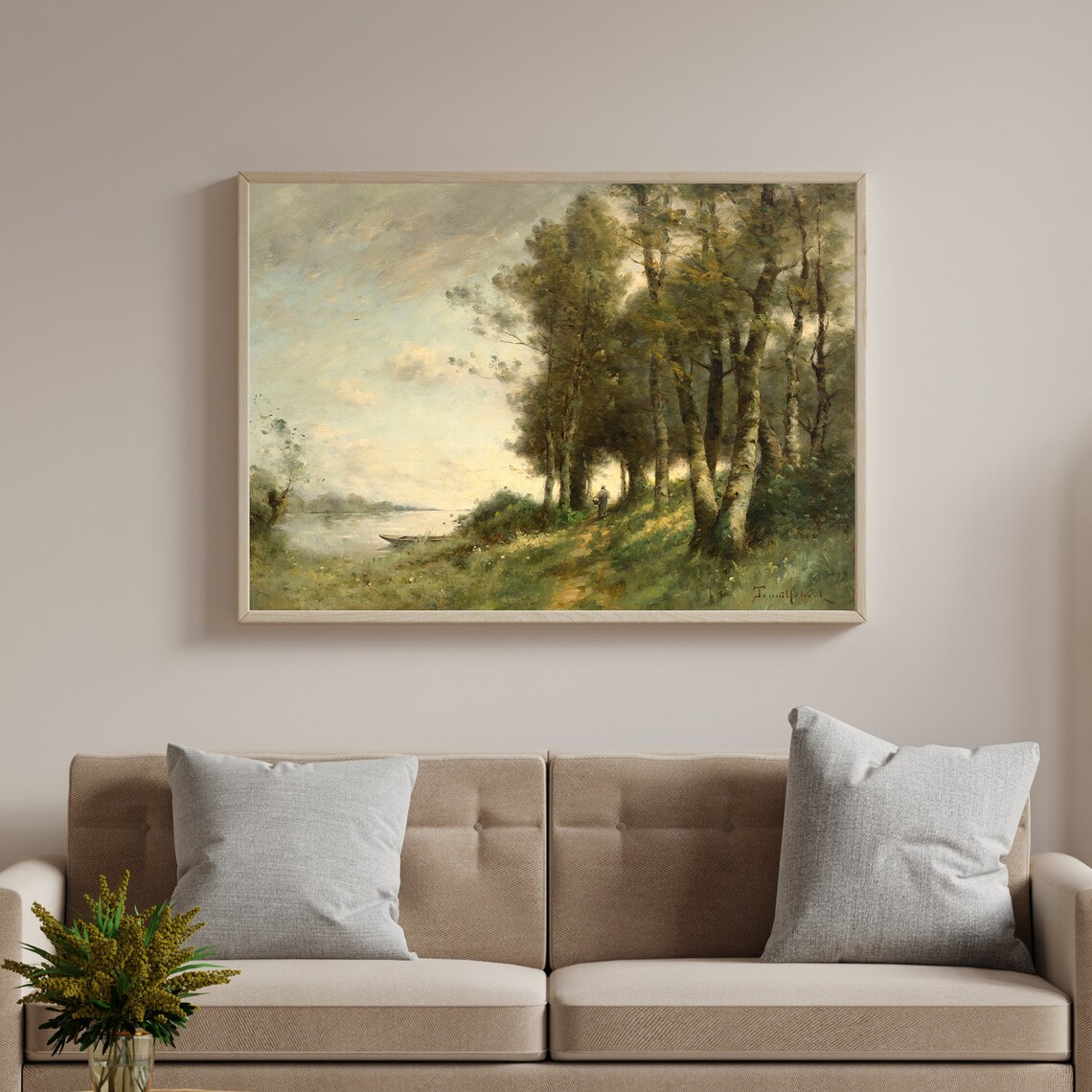 Vintage Oil Painting Woodland River Path Lone Walker Boat Art Poster - Image 2