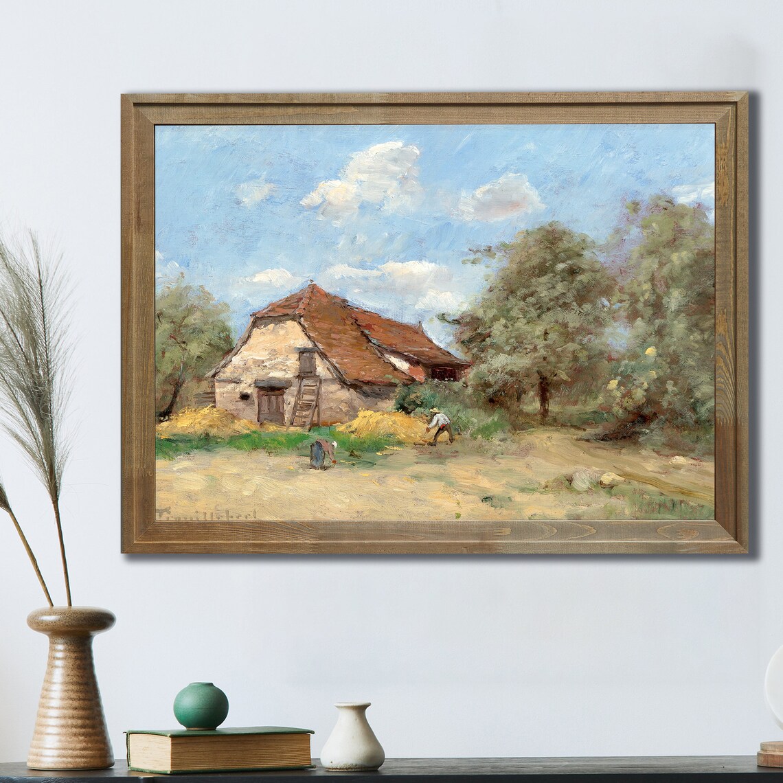 Vintage Oil Painting Stone Farmhouse Hay Harvest Blue Sky Art Poster - Image 4