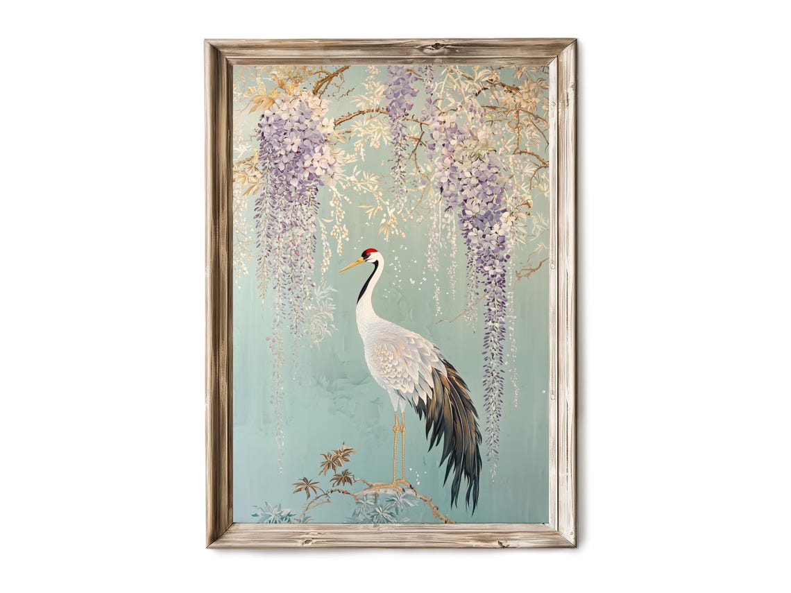 Chinoiserie White Crane Wisteria Blossom Pastel Green Wall Art