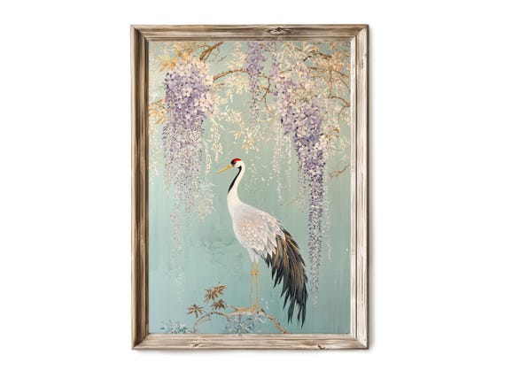 Chinoiserie Crane Wall Art Wisteria Floral Decor Pastel Green Botanical Print Toile De Jouy Poster Vintage Gift