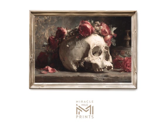 Halloween Skull With Roses Crown Artwork Gothic Spooky Decor Creepy Macabre Anatomy Painting Haunted Vintage Wall Print 350