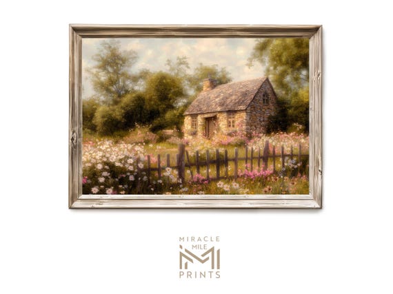 Storybook Stone Cottage Spring Oil Painting Poster with Wildflowers