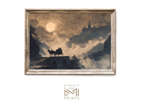 Halloween Haunted Carriage In Misty Moonlight Gothic Spooky Castle Print Vintage Wall Art Dark Academia Decor 376