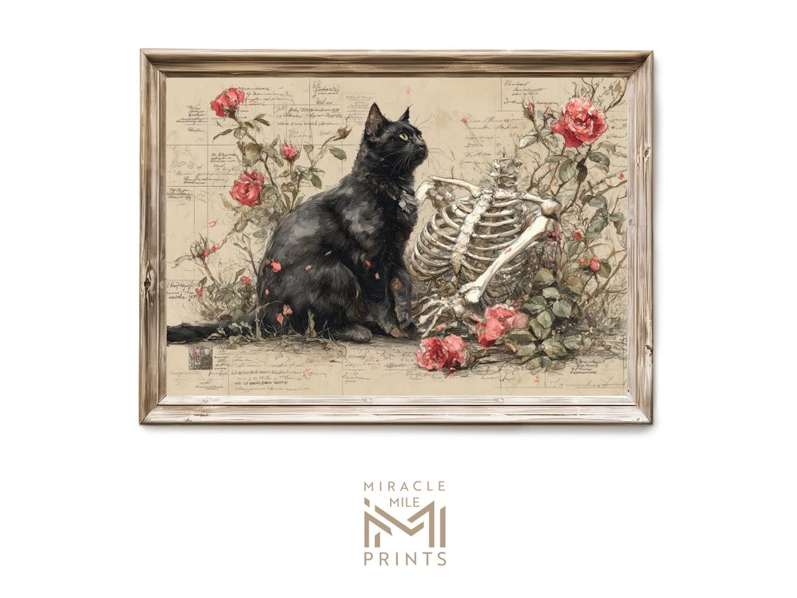 Black Cat With Skeleton And Red Roses Vintage Art Illustration Poster