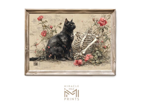 Halloween Haunted Cat Wall Art Gothic Black With Skull Watercolor Spooky Vintage Illustration Dark Academia Decor 335