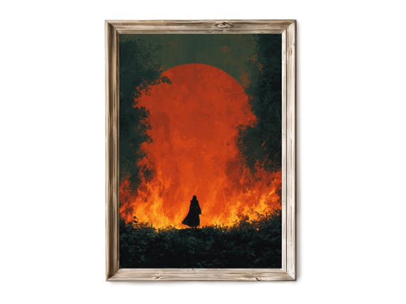 Halloween Wall Art Retro Horror Oil Painting With Witch And Fire Spooky Vintage Decor Dark Haunted Scene Artwork 257