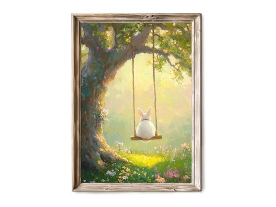 Easter Bunny Wall Art Swing Vintage Oil Painting Spring Meadow Decor For Home Farmhouse Nursery Gift