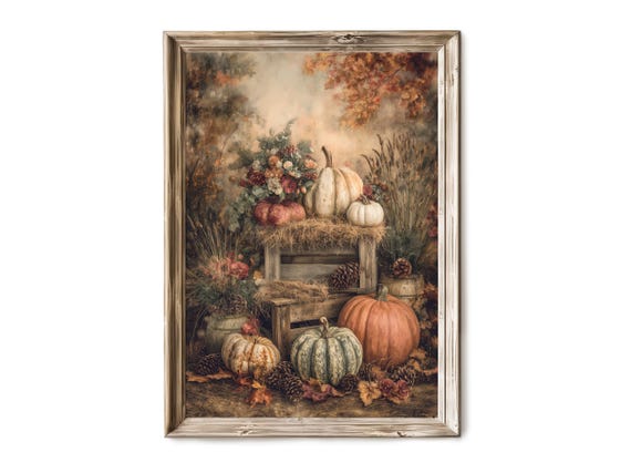 All Thanksgiving Pumpkins Wall Art Rustic Autumn Harvest Still Life Moody Farmhouse Decor Vintage Artful Fall Print V 452