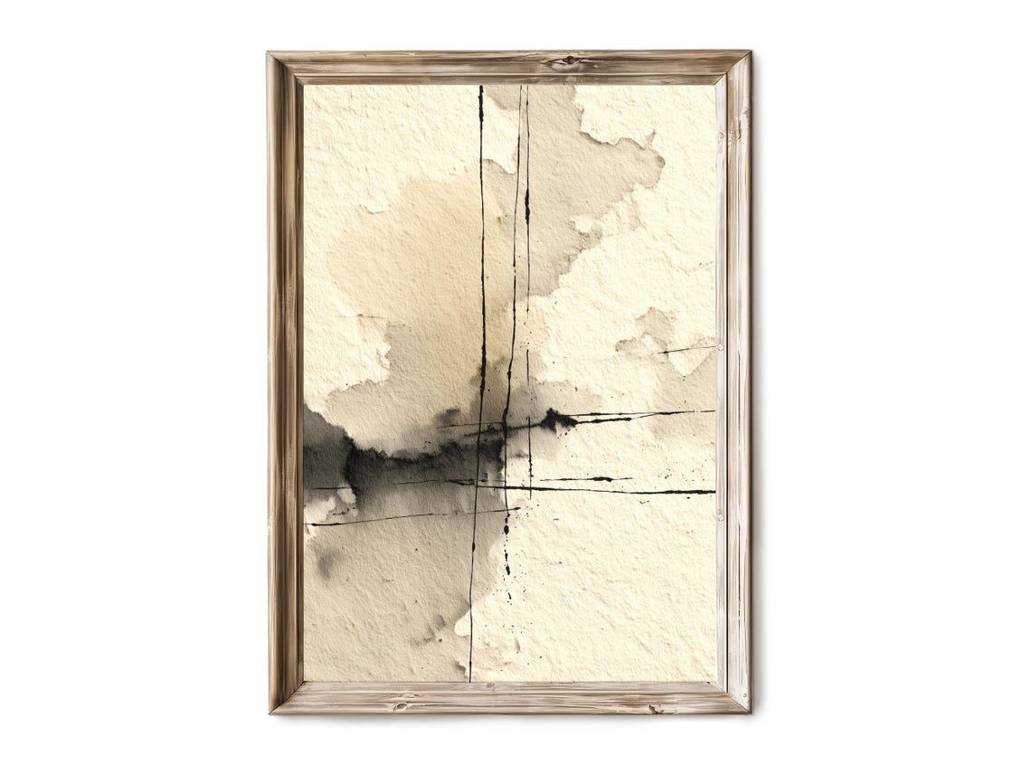 Beige Ink Wash Horizontal Lines Neutral Minimal Abstract Wall Art