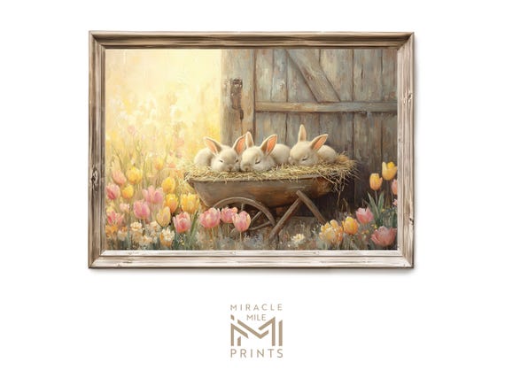 Sleeping Bunnies Wheelbarrow Tulips Storybook Easter Art Poster