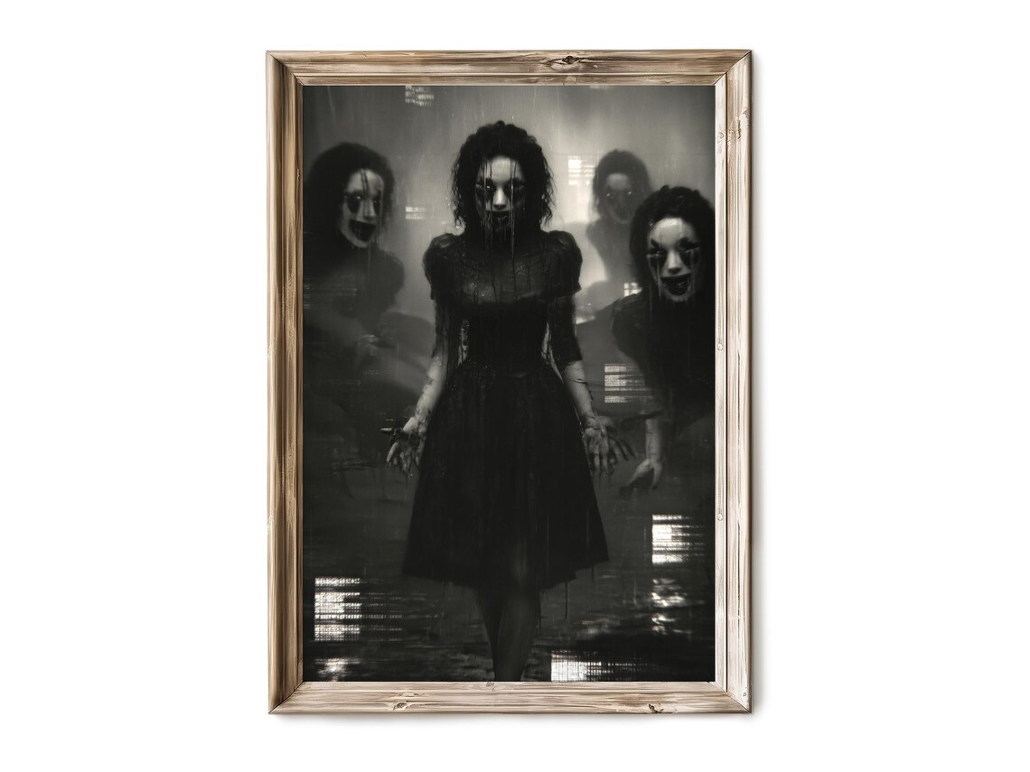 Haunted Girl Dark Eyes Black and White Creepy Horror Photo Poster