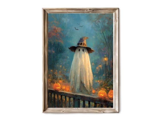 Halloween Wall Art Friendly In Pumpkin Patch Whimsical Autumn Decor Vintage Cottage Artwork 302
