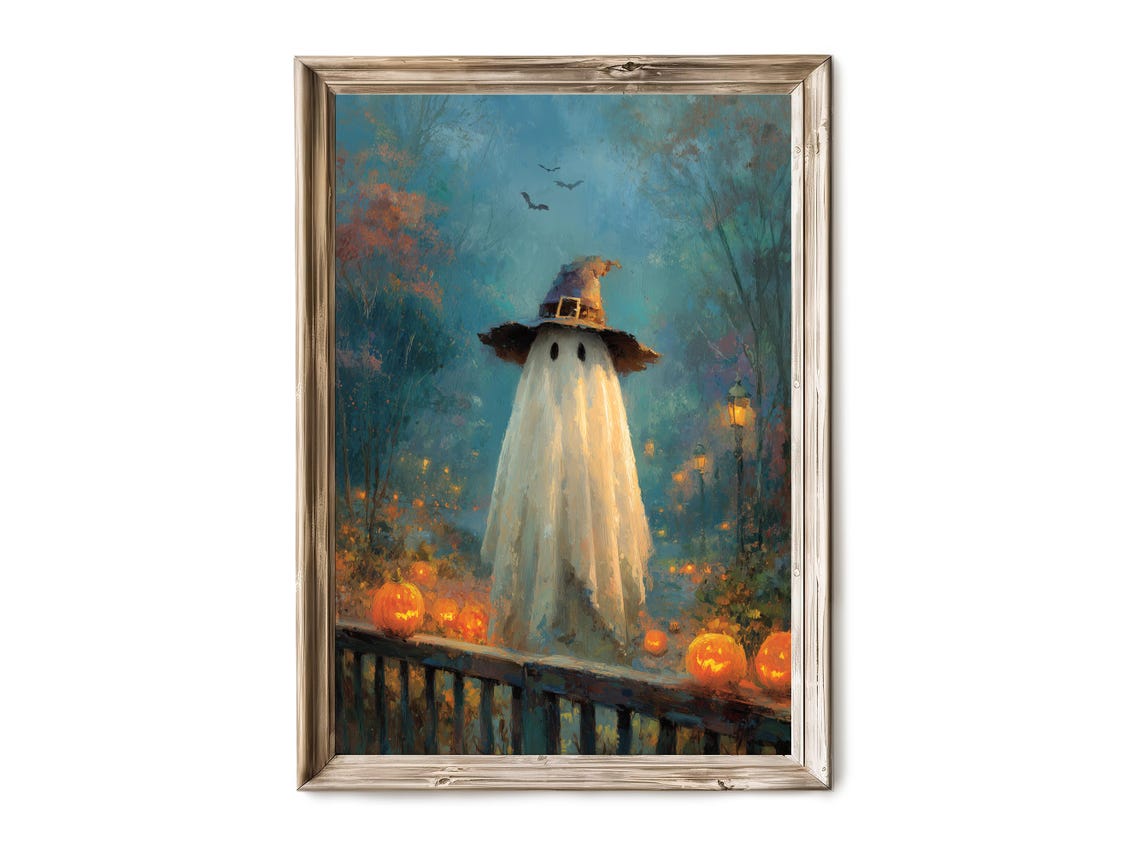 Halloween Wall Art Friendly In Pumpkin Patch Whimsical Autumn Decor Vintage Cottage Artwork 302