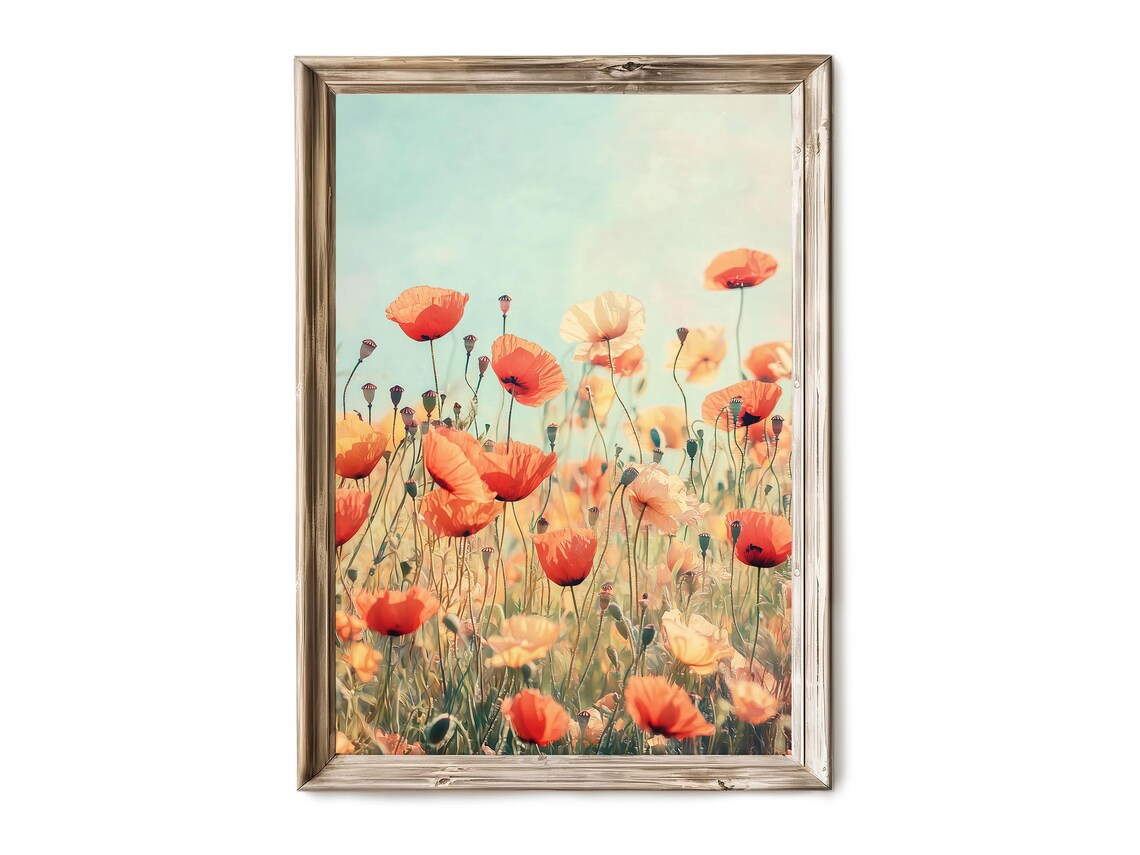 Orange Poppy Field Dreamy Floral Oil Painting Spring Wall Art