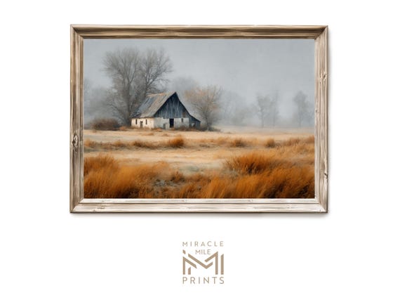Fall Barn Landscape Wall Art Rustic Autumn Farmhouse Scene In Fog Moody Decor Vintage Artful Print H 488