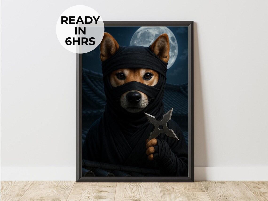 Shiba Inu Ninja With Mask And Shuriken Under Full Moon Warrior Dog Poster