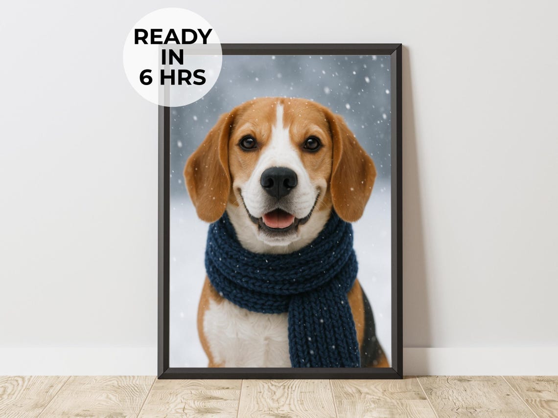 Beagle in Blue Knit Scarf Snowy Winter Custom Dog Portrait Poster