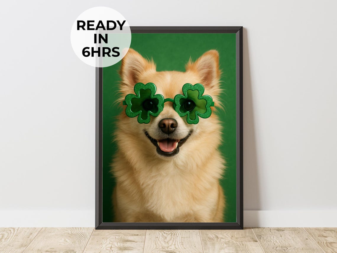 Custom St Patricks Day Pet Portrait Shamrock Glasses Dog Poster