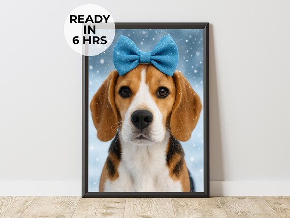 Winter Beagle Blue Bow Snow Portrait Cute Holiday Dog Art Poster