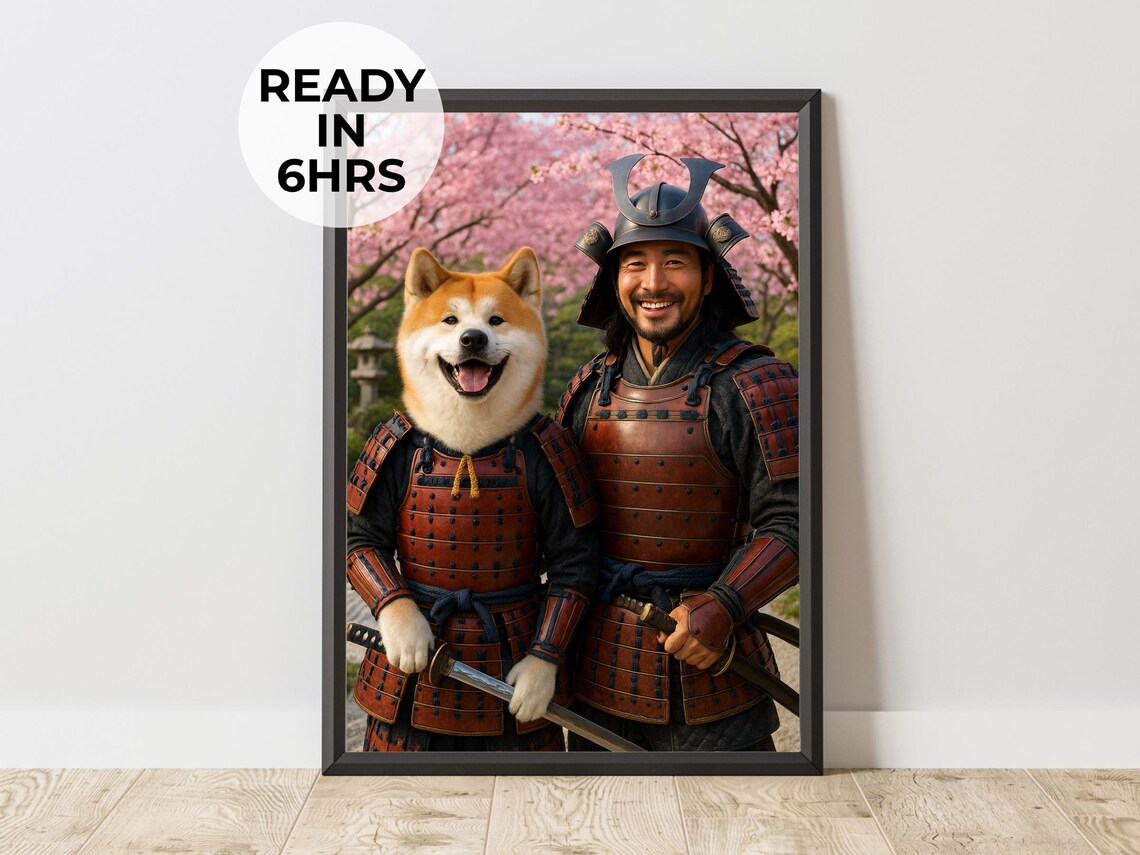 Custom Samurai Pet Portrait, Warrior Gift Art Print
