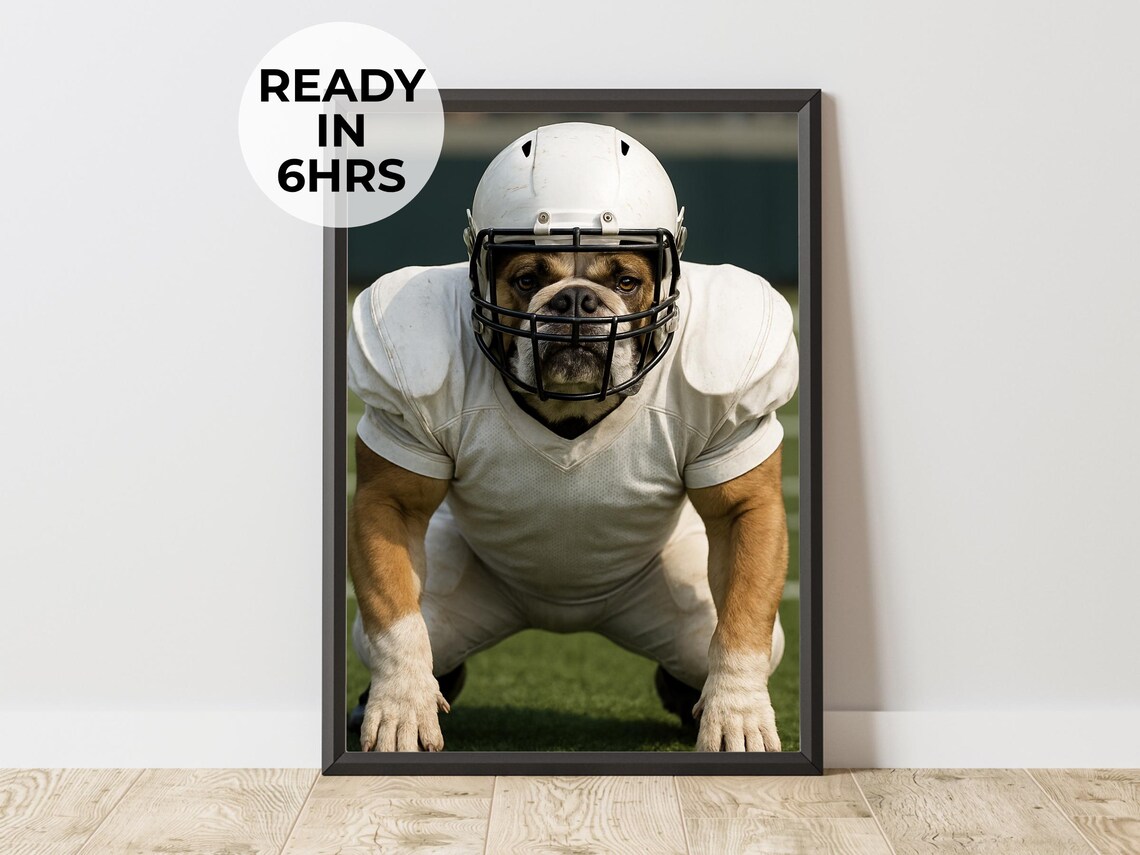 Bulldog Football Lineman In Helmet Game Stance Sports Fan Dog Poster