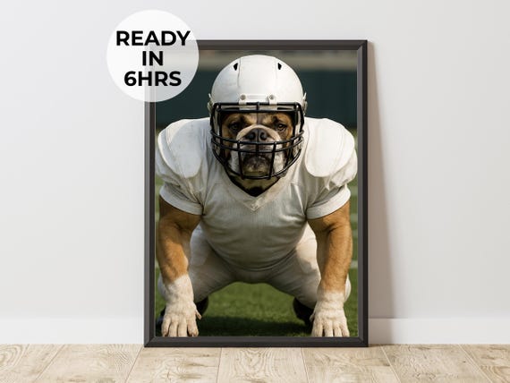 Custom Football Pet Portrait Lineman Dog Art Sports Fan Gift