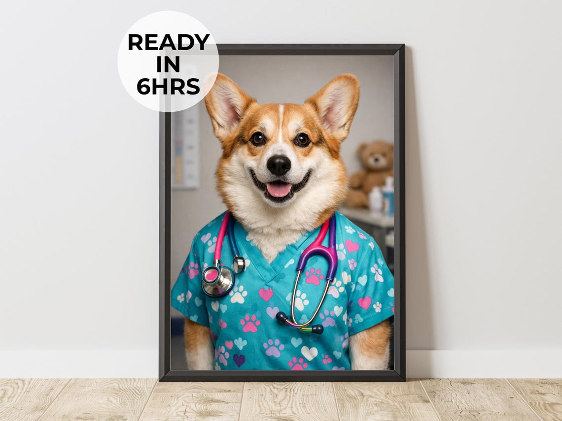 Funny Corgi Vet Portrait Dog in Scrubs Stethoscope Photo Poster