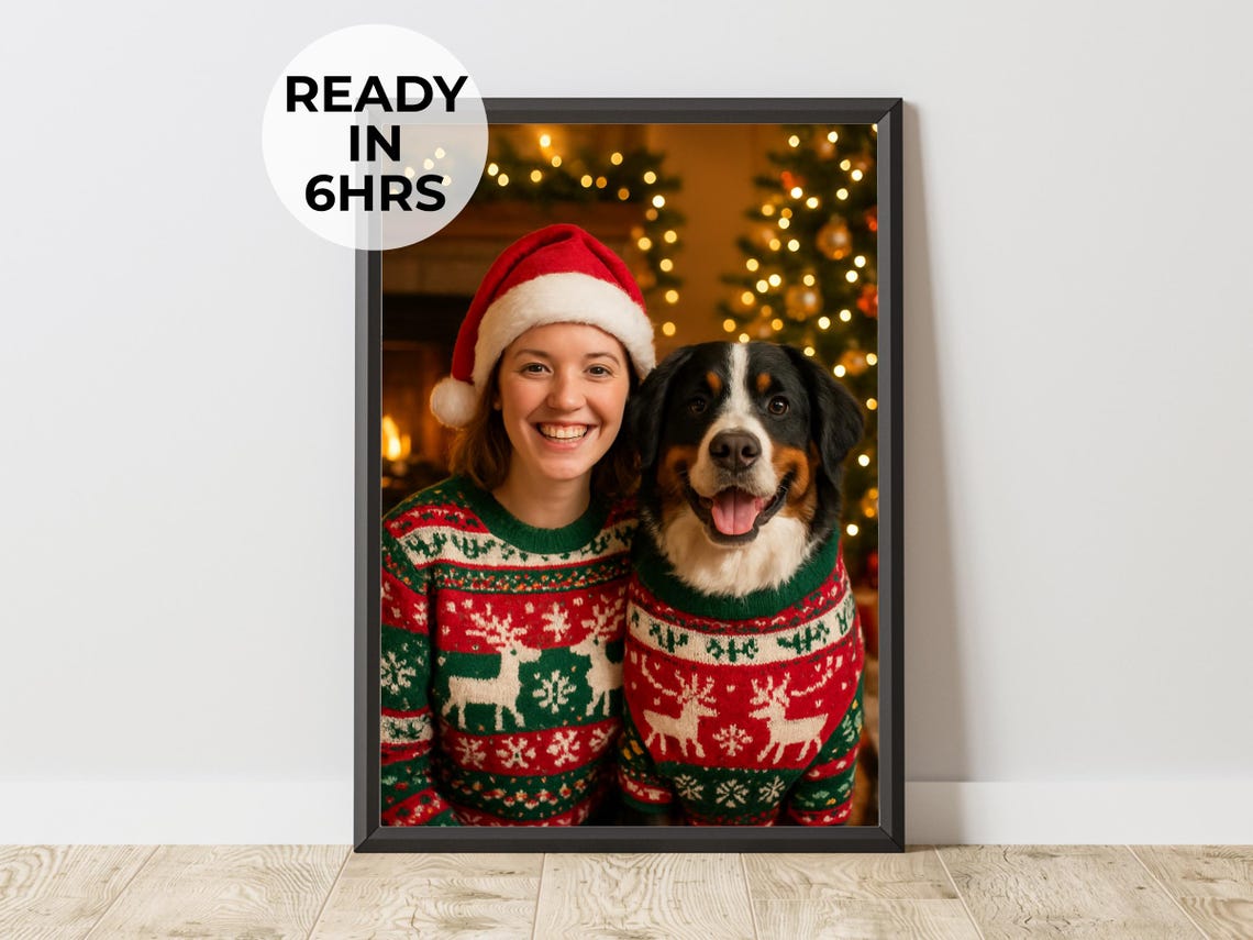 Custom Christmas Pet Portrait Santa Hat Sweater Dog Holiday Poster