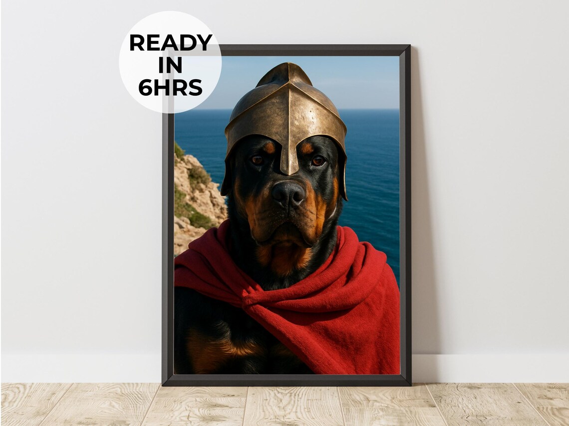 Funny Rottweiler Spartan Warrior Bronze Helmet Red Cloak Portrait Poster