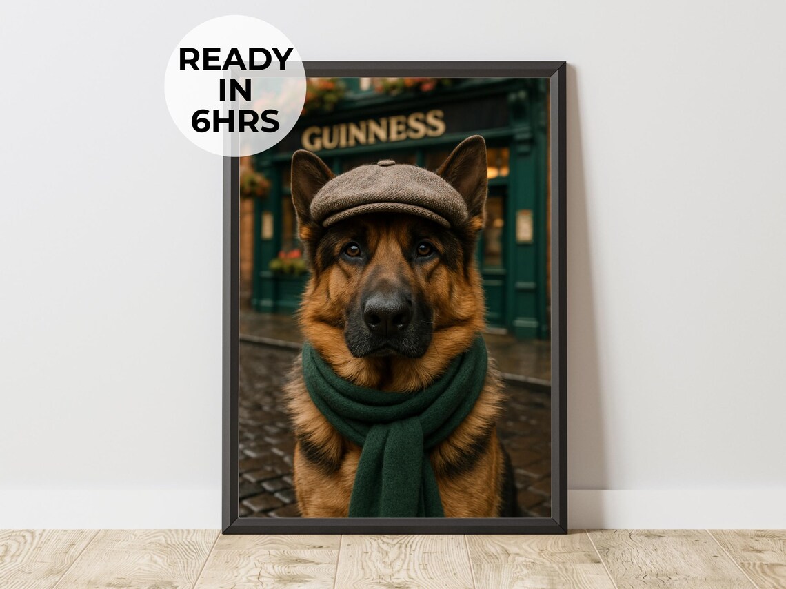 Custom Irish Pub German Shepherd Dog Portrait Flat Cap Funny Pet Poster