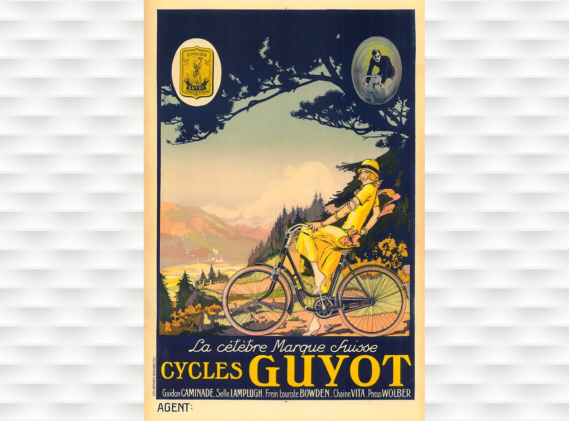 Cycles Guyot Swiss Alpine Woman Yellow Dress Vintage Bike Poster