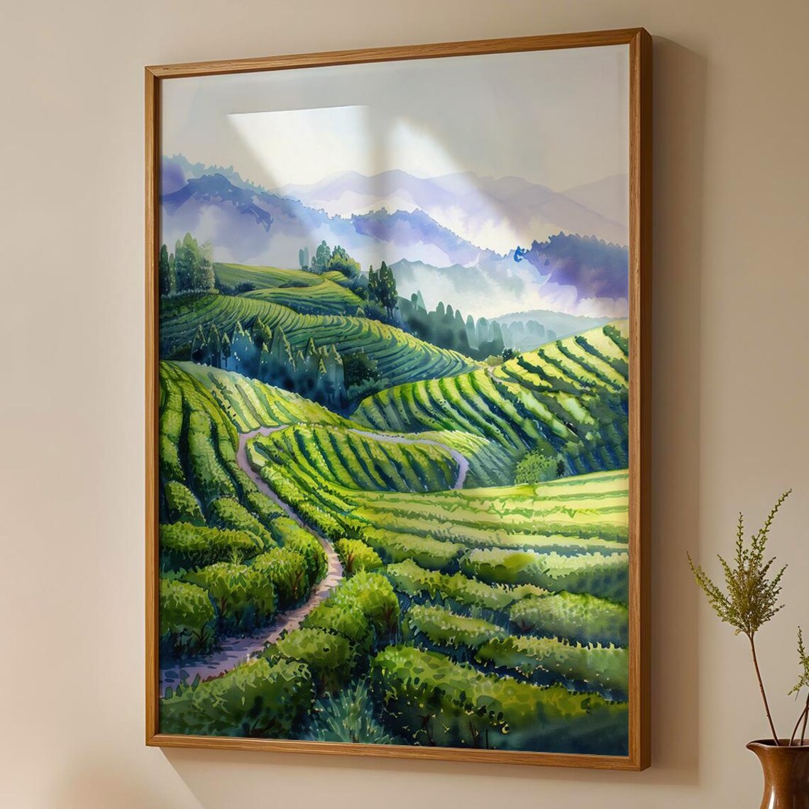 Yunnan Tea Terraces Travel Poster, Watercolor Landscape