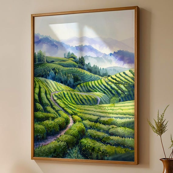 Yunnan Tea Terraces Travel Poster, Watercolor Landscape