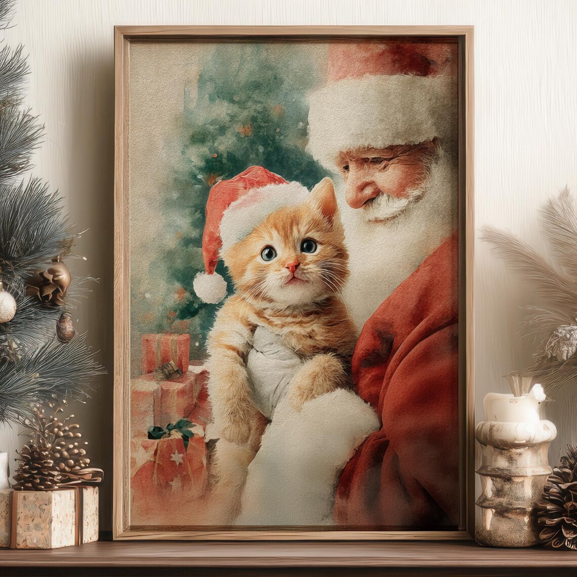 Santa Claus Holding Orange Kitten in Santa Hat Christmas Poster