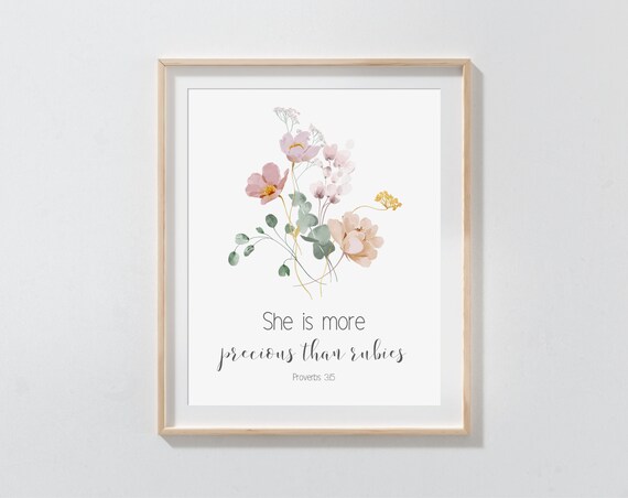 She Is More Precious Than Rubies Proverbs 3:15 Pink Floral Wall Art