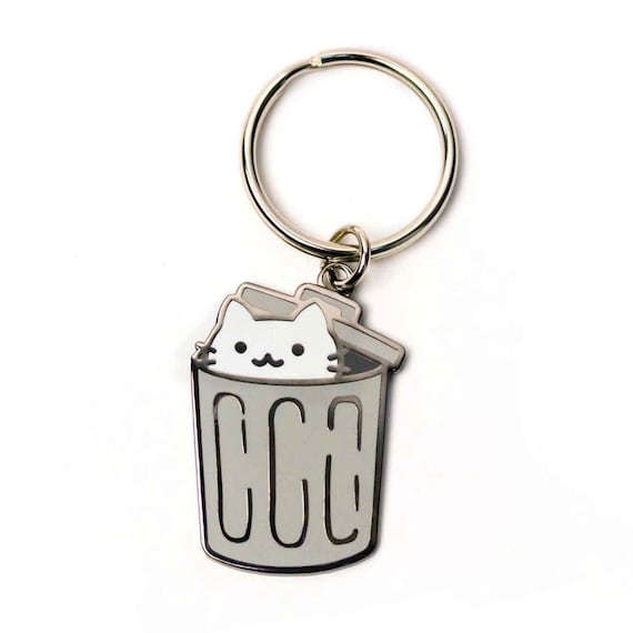 Trash Cat Enamel Keychain White Cat In Gray Can Cute Kawaii Charm Poster