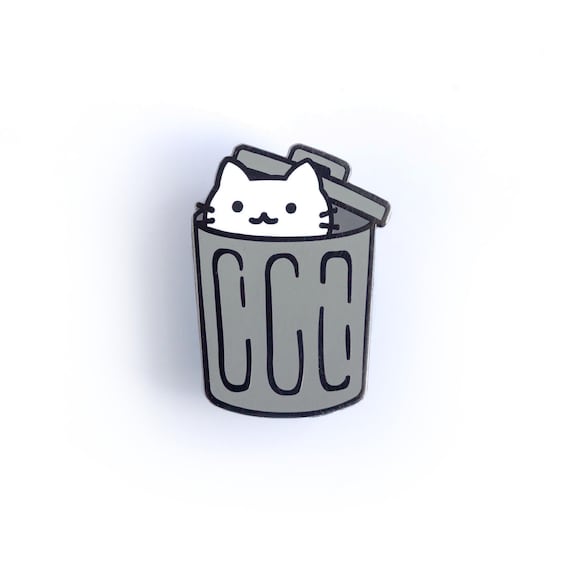 Trash Cat Enamel Pin White Cat Peeking From Gray Can Cute Kawaii Art Poster