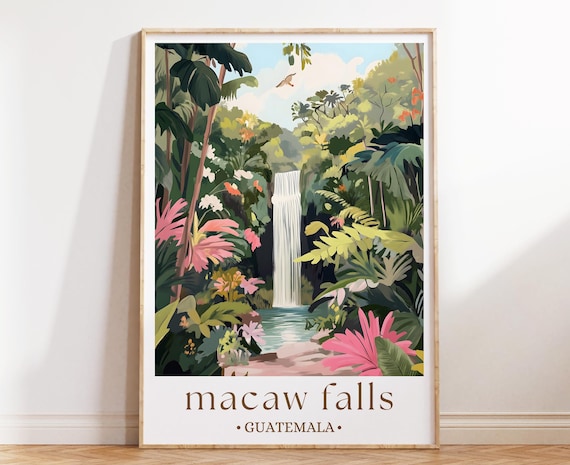 Macaw Falls Guatemala Poster Tropical Waterfall Travel Art For Exotic Decor