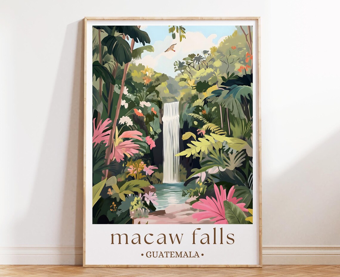Macaw Falls Guatemala Poster Tropical Waterfall Travel Art For Exotic Decor