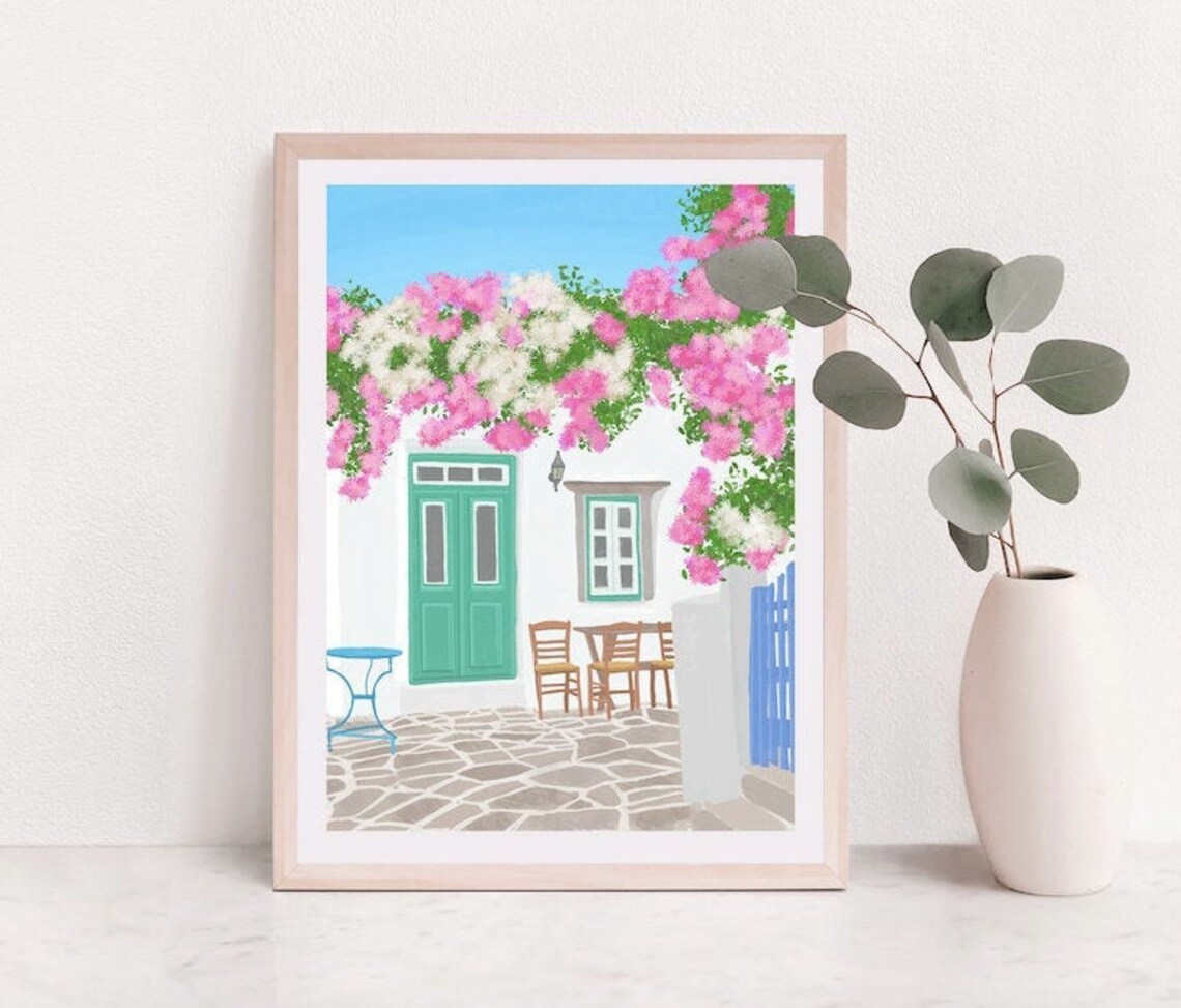 Santorini and Mykonos Greece Travel Poster Art Print