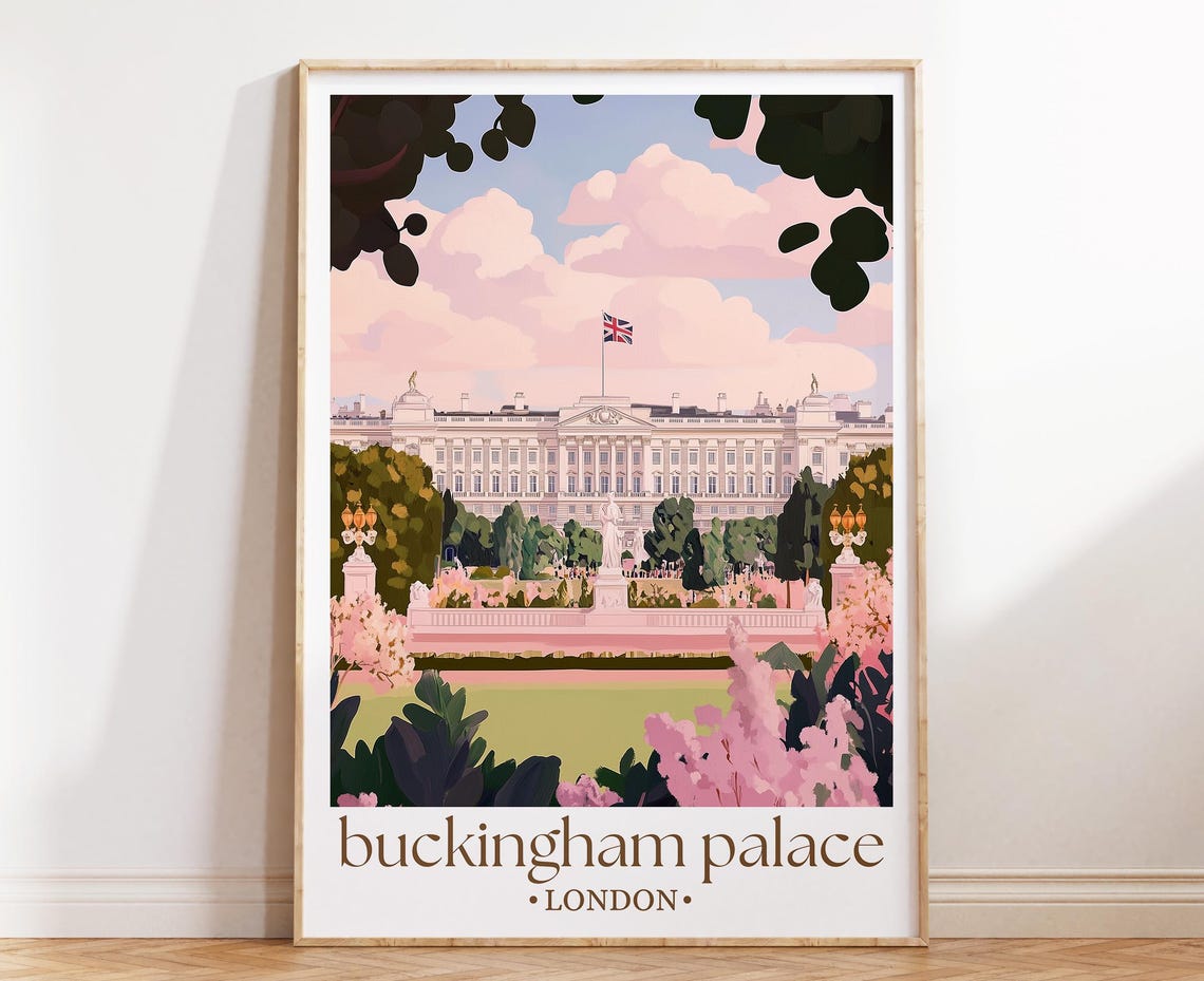 Buckingham Palace London Royal Gardens Union Jack Pink Sky Poster