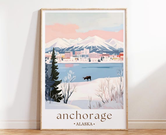 Anchorage Alaska Poster Northern Lights Wall Art Mountain Landscape Print Winter Nature Decor Travel Illustration