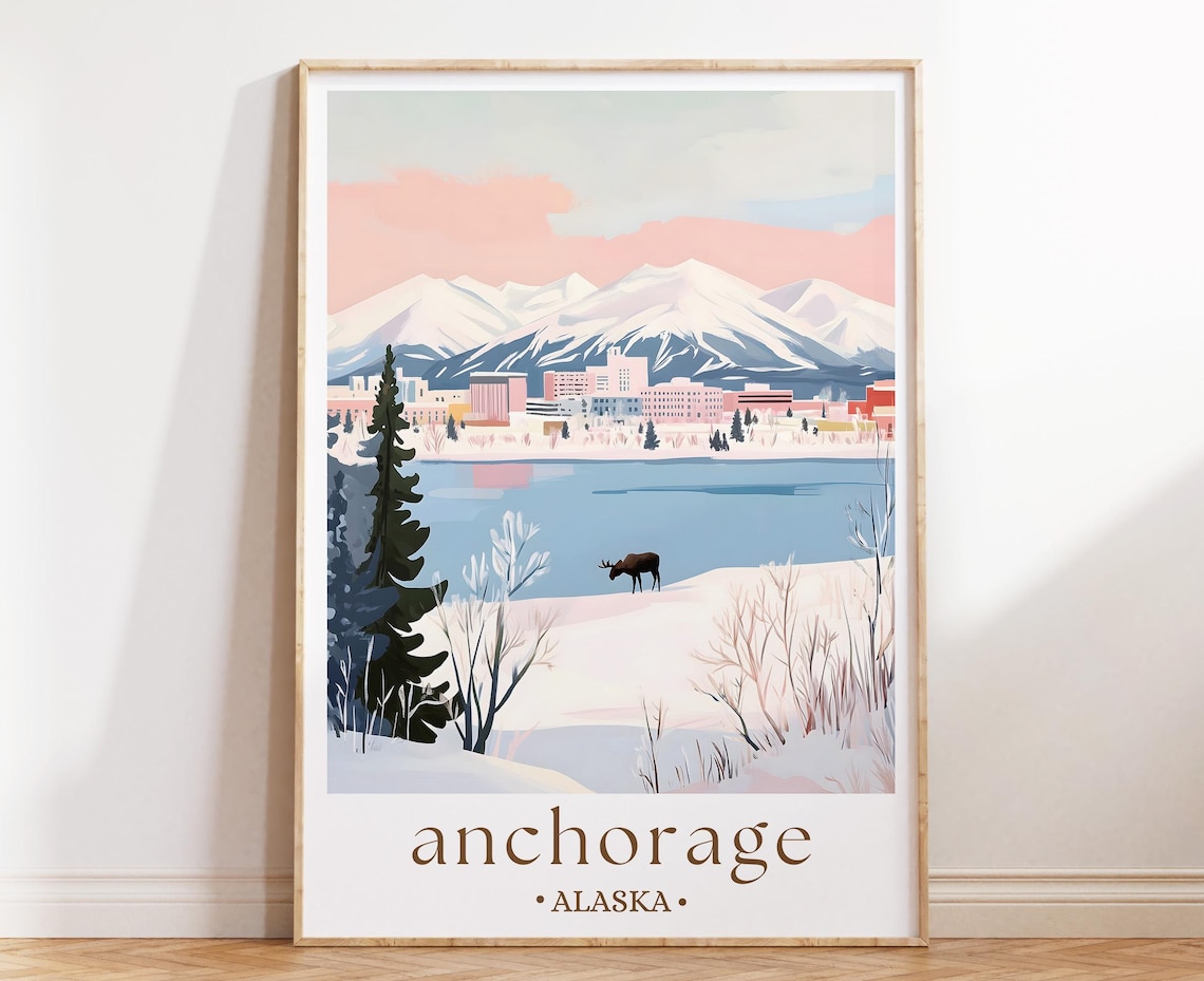 Anchorage Alaska Winter City Moose Snow Mountain Scene Poster