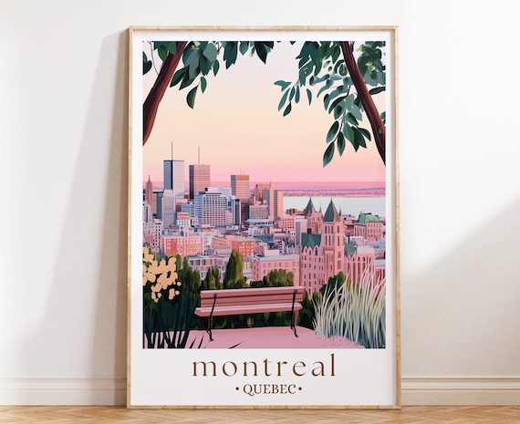 Montreal Quebec Skyline Sunset Park Bench City Panorama View Poster
