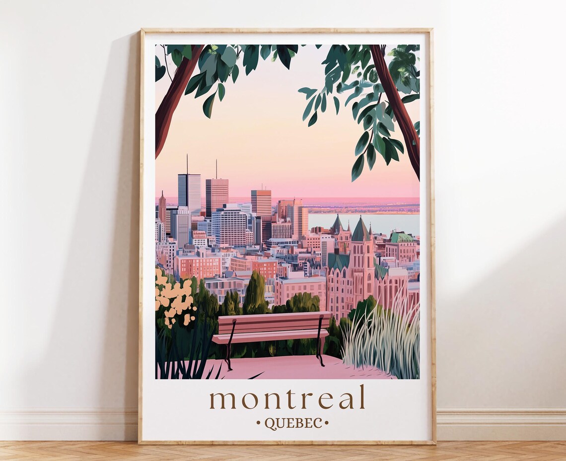 Montreal Quebec Skyline Sunset Park Bench City Panorama View Poster